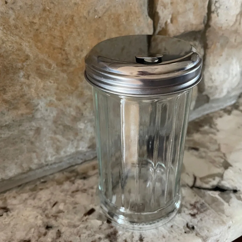 Vtg Ribbed Glass Sugar Shaker Dispenser Metal Flip Lid - Diner/Restaurant Style